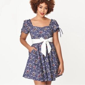 Unique Vintage Navy Floral Dress with Red & Cream Accents